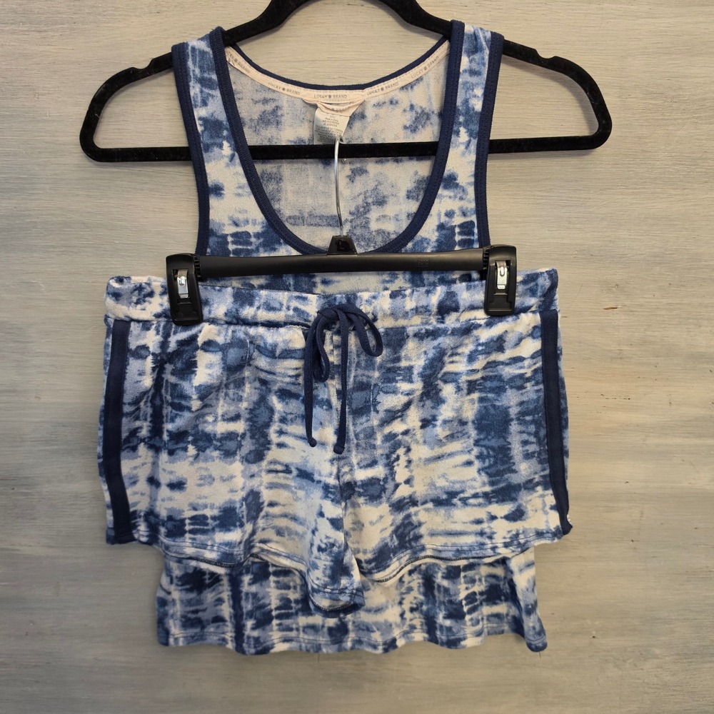 Lucky Brand Blue/White Knit Tie Dye Tank Top & Shorts Pajama Lounge Set Small GC